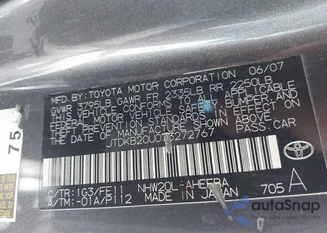 2007 Toyota Prius from USA, damaged, VIN JTDKB20U073272767